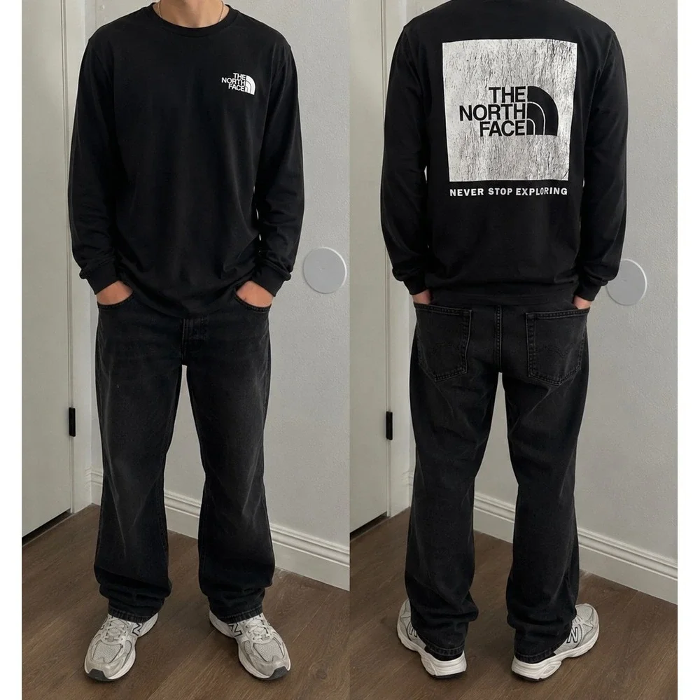 The North Face Mens Black Long Sleeve Circular Design Box Logo Graphic Tee Large